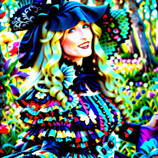 Prompt: Goth mystical  kawaii gypsy woman in the style of Alice in Wonderland, vibrant and whimsical color palette, dreamy and surreal atmosphere, detailed floral patterns, flowing and ethereal fabrics, high quality,  big doe blue eyes , Alice in Wonderland style, vibrant colors, whimsical, surreal, detailed patterns, ethereal fabrics, dreamy atmosphere, kawaii, gypsy