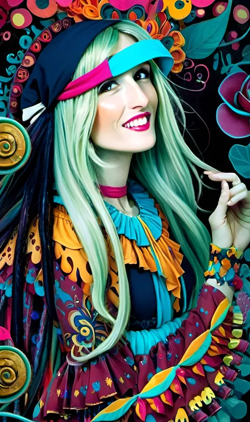 Prompt: Fantasy illustration of a kawaii gypsy woman in the style of Alice in Wonderland, vibrant and whimsical color palette, dreamy and beautiful, flowing and ethereal fabrics, high quality, fantasy, Alice in Wonderland style, vibrant colors, whimsical, surreal, detailed patterns, ethereal fabrics, dreamy atmosphere, kawaii, gypsy