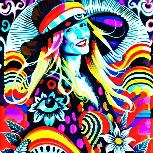 Prompt: Fantasy illustration of a kawaii gypsy woman in the style of Alice in Wonderland, vibrant and whimsical color palette, dreamy and surreal atmosphere, detailed floral patterns, flowing and ethereal fabrics, high quality, fantasy, Alice in Wonderland style, vibrant colors, whimsical, surreal, detailed patterns, ethereal fabrics, dreamy atmosphere, kawaii, gypsy big blue eyes slim