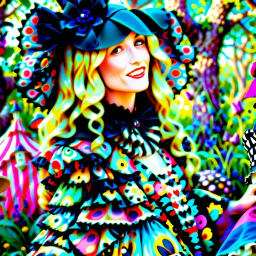 Prompt: Goth mystical  kawaii gypsy woman in the style of Alice in Wonderland, vibrant and whimsical color palette, dreamy and surreal atmosphere, detailed floral patterns, flowing and ethereal fabrics, high quality,  big doe blue eyes , Alice in Wonderland style, vibrant colors, whimsical, surreal, detailed patterns, ethereal fabrics, dreamy atmosphere, kawaii, gypsy