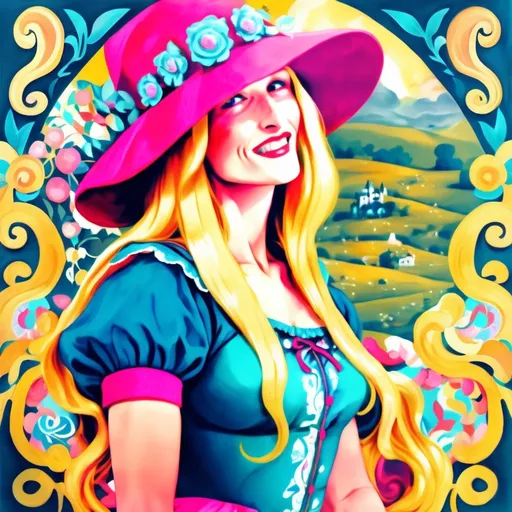 Prompt: Fantasy illustration of a kawaii gypsy woman in the style of Alice in Wonderland, vibrant and whimsical color palette, dreamy and surreal atmosphere, detailed floral patterns, flowing and ethereal fabrics, high quality, fantasy, Alice in Wonderland style, vibrant colors, whimsical, surreal, detailed patterns, ethereal fabrics, dreamy atmosphere, kawaii, gypsy