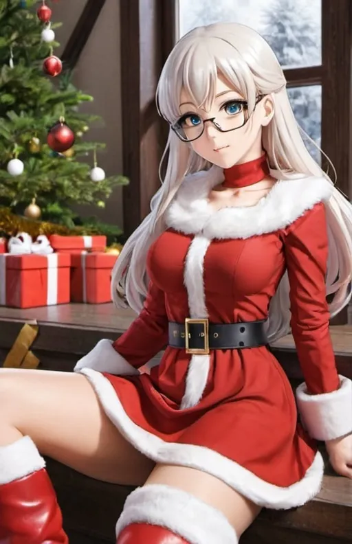Prompt: Female Anime Santa Claus glasses boots and white beard