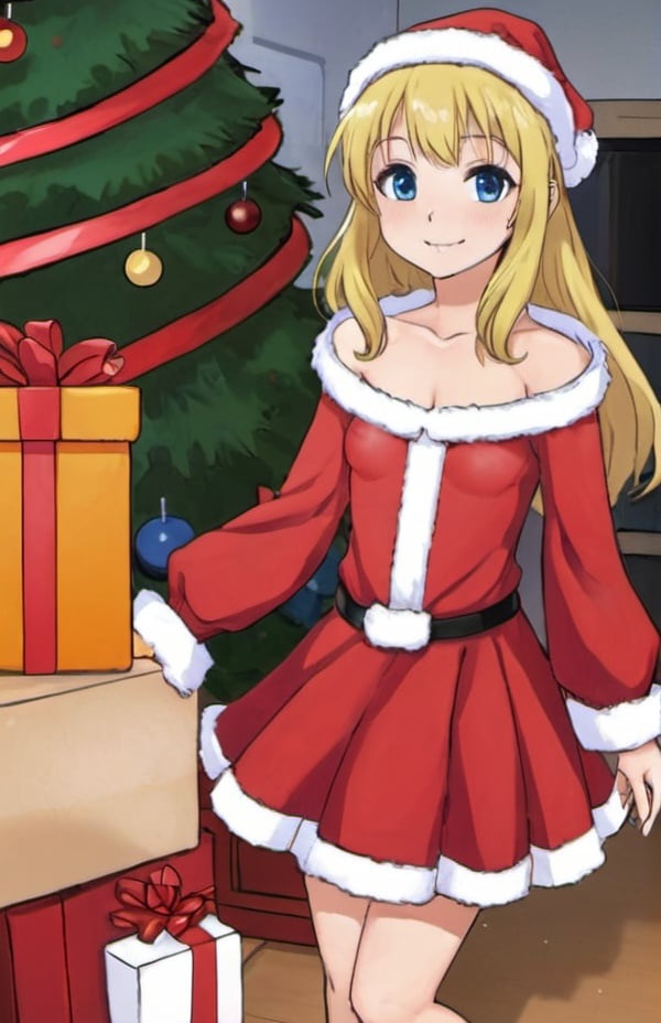 Prompt: Une fille d'Anime en tenue de MéreNoel doit distribuer des cadeaux, installer le sapin et le décorer.