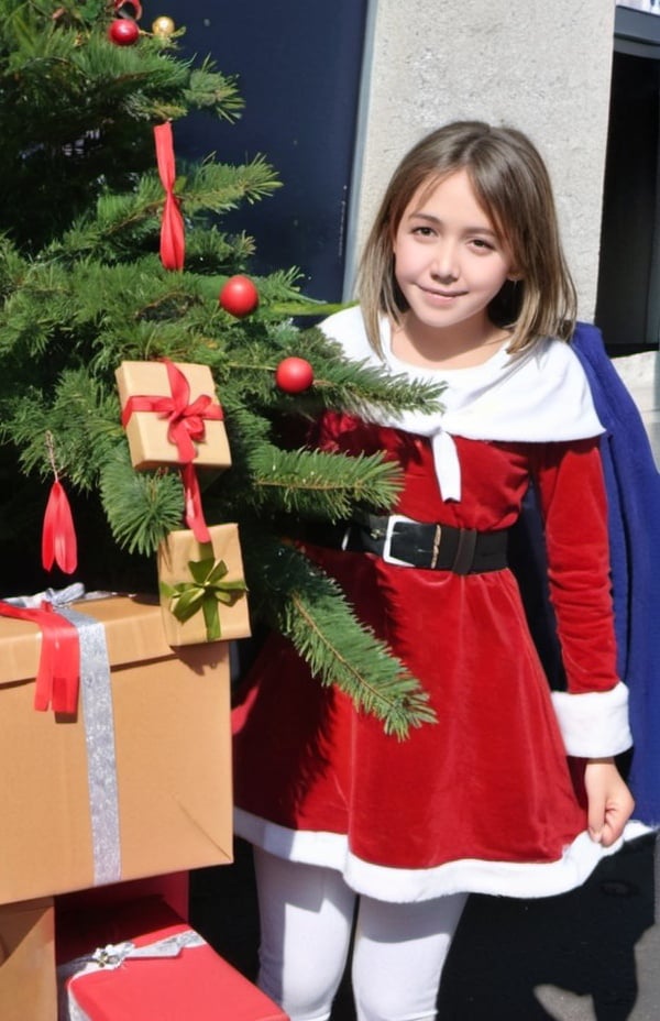 Prompt: Une fille d'Anime en tenue de MéreNoel doit distribuer des cadeaux, installer le sapin et le décorer.