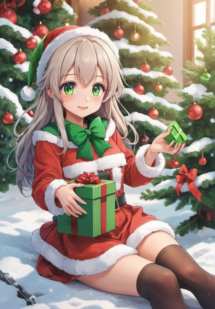 Prompt: A Cute christmas Girl Anime with a green gift