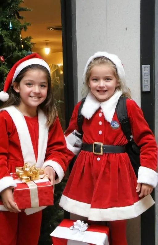 Prompt: Une fille habillée en costume de Mére Noel est chargé d'aprés l'association SantaClaus de distribuer des cadeaux et devenir amies avec les voyageurs.