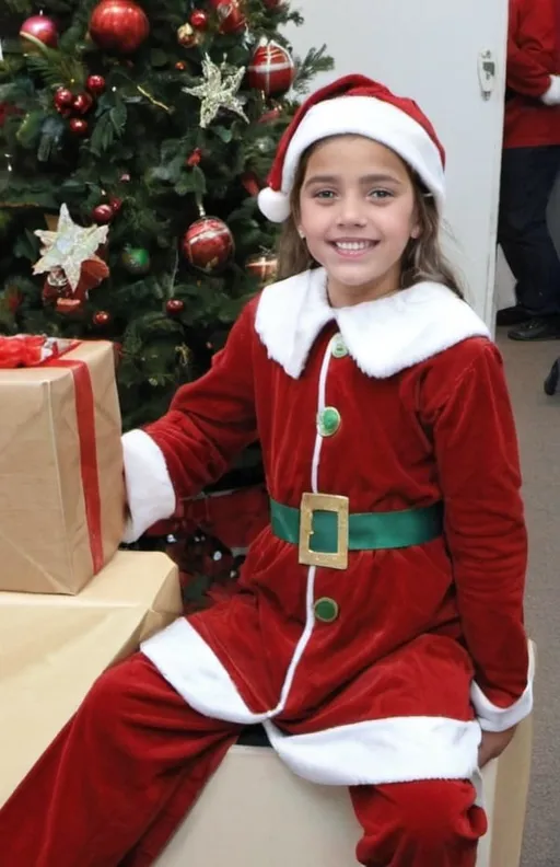 Prompt: Une fille habillée en costume de Mére Noel est chargé d'aprés l'association SantaClaus de distribuer des cadeaux et devenir amies avec les voyageurs.