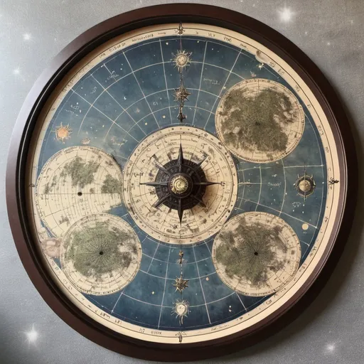 Prompt: printed fantasy planisphere with star map