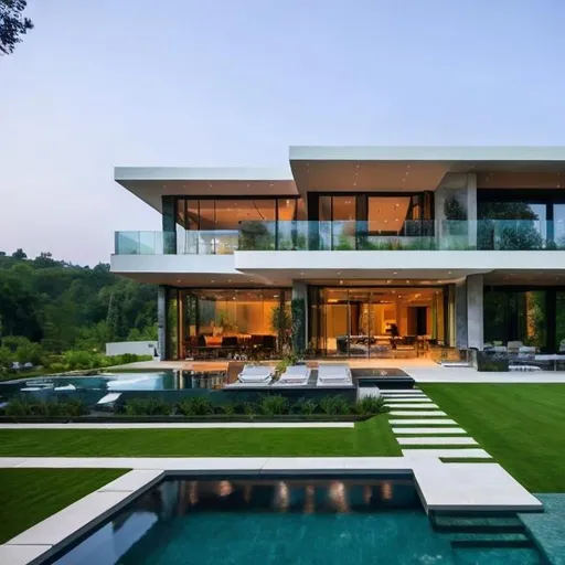 Prompt: luxury modern mansion with a forest around and infinity edge pool, a garden, garage and water falling