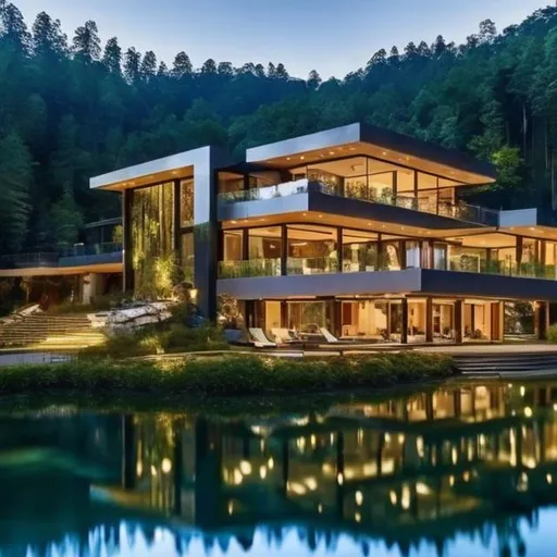 Prompt: luxury modern mansion in a forest with a lake water falling