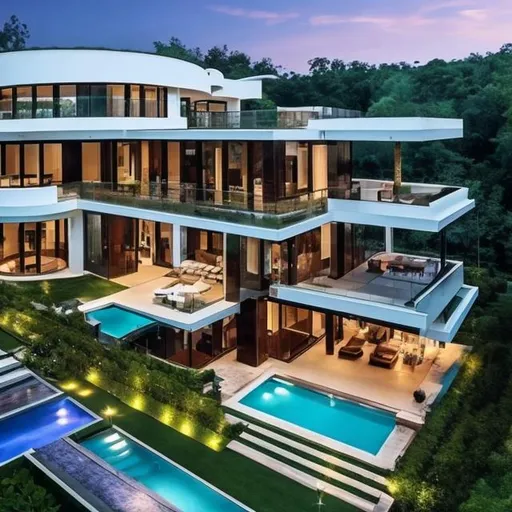 Prompt: luxury modern mansion with a forest around and infinity edge pool, a garden, garage and front water falling