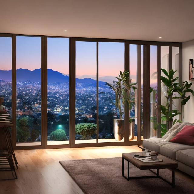 Prompt: hermosa habitación decorada con luces led dentro de la mansión de la montaña con vista a la ciudad 