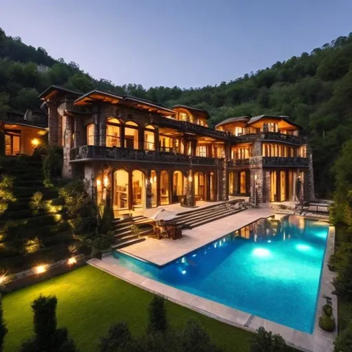 Prompt: luxury mansion in the mountain with a forest around and escale pool