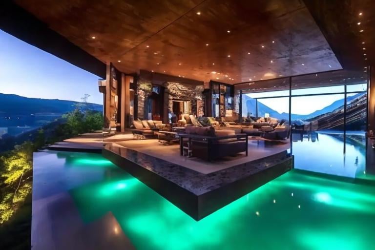 Prompt: luxury modern mansion in a mountain with water falling in the middle of the living room