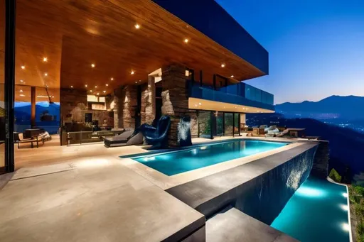 Prompt: luxury modern mansion in a mountain with a cascade in the middle of the living room