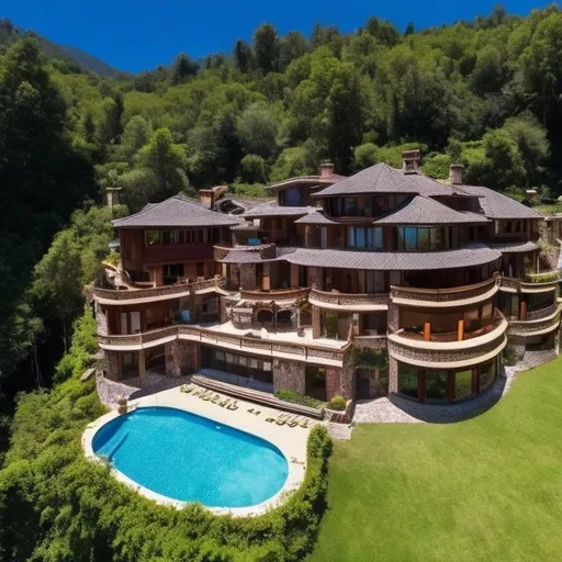 Prompt: luxury mansion in the mountain with a forest around, two pool below the coline