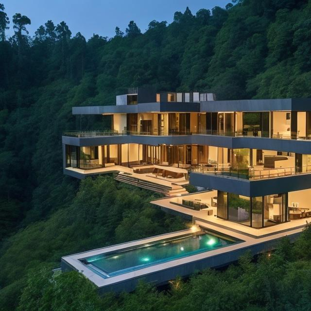 Prompt: luxury modern mansion in a forest