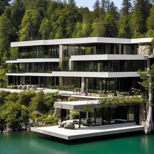 Prompt: luxury modern mansion in a forest with a lake water falling