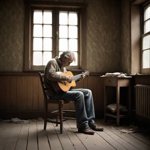 Prompt: A man sits alone on a weathered wooden chair in a dimly lit room, his posture slumped and his gaze distant. The room's walls are adorned with peeling wallpaper, and a single, dusty window allows only a faint, melancholic light to filter through, casting long shadows. The floor is bare and uneven, with a few scattered, forgotten objects hinting at a life once vibrant.

In his hands, he cradles an old, worn guitar, its surface scratched and its strings slightly rusted. His fingers are lightly resting on the strings, as if he has just finished playing or is unsure of where to start. The guitar’s body catches the minimal light, highlighting its age and the care it has received over the years.

The man wears a simple, faded sweater and jeans, his expression one of deep introspection and sorrow. His unkempt hair and tired eyes add to the overall atmosphere of solitude and reflection. Around him, the room’s somber tones and the soft, muted light create an aura of quiet melancholy, as if the room itself is a reflection of his inner emotional landscape.