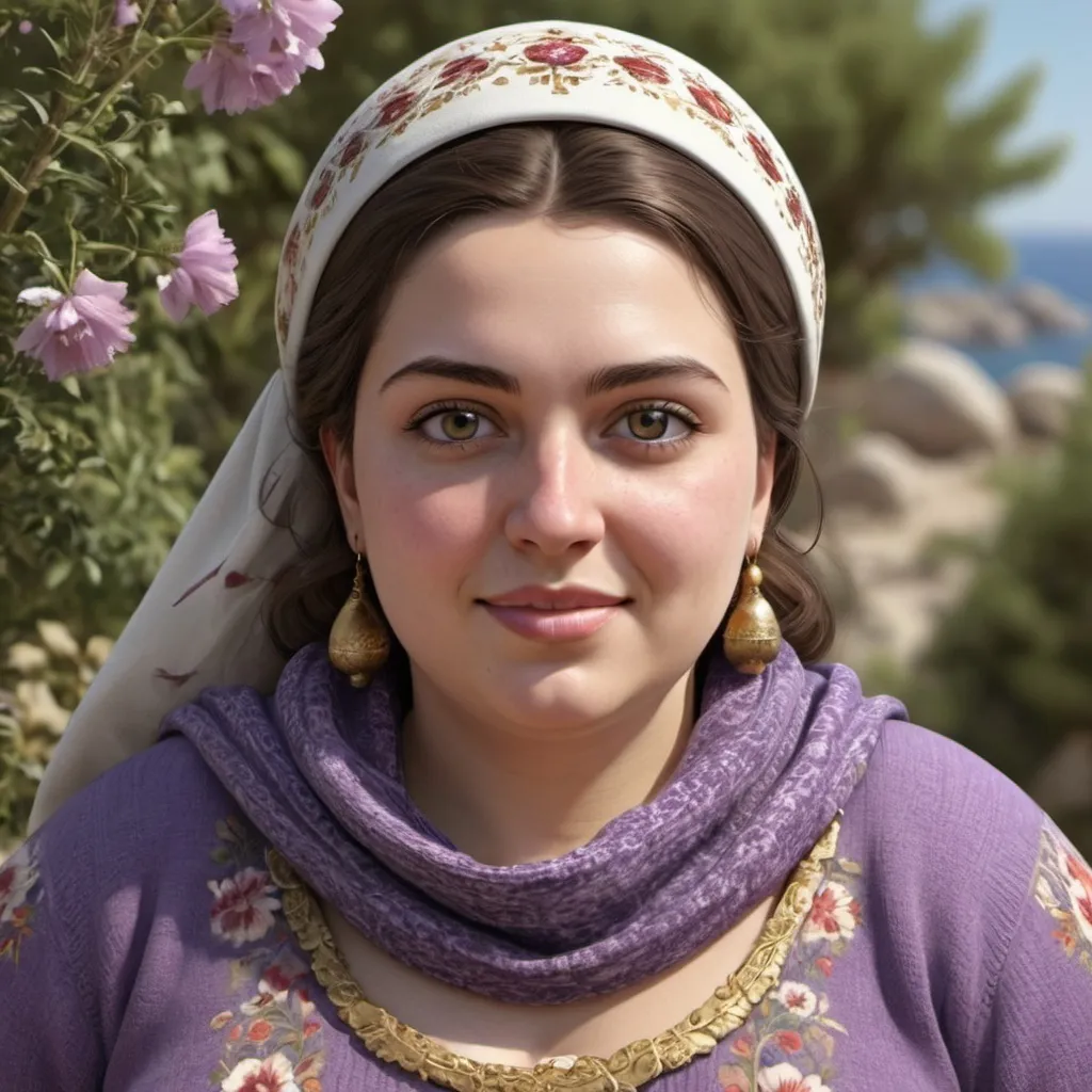 Prompt: "Please create a realistic 3D image of a woman from the Aegean region, dressed in traditional attire. She wears a long-sleeved purple sweater over a long floral chintz skirt. On her head, there is a scarf adorned with flowers. The woman is depicted as being a little overweight, with a pot belly, short stature, and a brunette with hazel eyes. Notably, one of her teeth is gold. The image should capture her distinct features and the essence of her regional and cultural background."