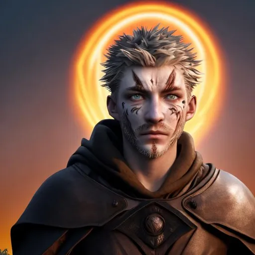 Prompt: a man of 20 years old. Gray-blue eyes, goatee beard and healed scars on his face from tiger claws. short blond hair that reaches to the eyebrows. He is dressed in a leather cloak covered with foliage. Clouds are visible behind the head and the red moon surrounds the head like a halo.