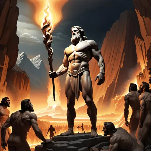 Prompt: A dramatic scene depicting Prometheus stealing fire from Mount Olympus to give to humanity. In the foreground, Prometheus stands tall, holding a blazing torch. Behind him, primitive humans emerge from darkness into light, their eyes wide with wonder. The background shows a contrast between the cold, dark Stone Age and the warm, illuminated future of human civilization. Prometheus' face reflects determination and compassion, while angry gods loom in the clouds above.