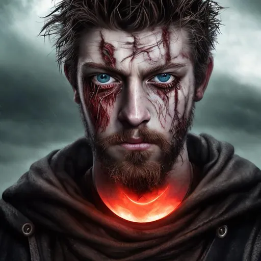 Prompt: Photorealistic portrayal of a 20-year-old man, intense gaze, gray-blue eyes, goatee beard, scarred face, short hair, leather cloak with foliage, dramatic clouds in the background, red moon halo, high quality, photorealism, intense eyes, facial scars, dramatic lighting