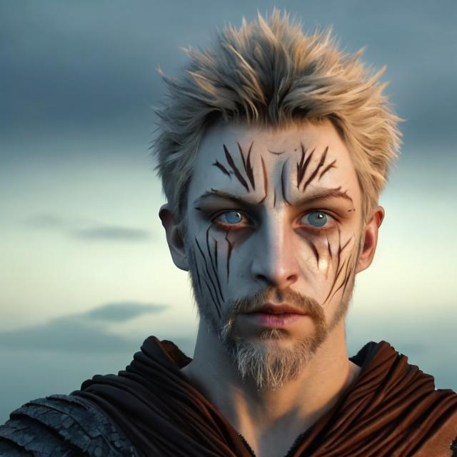 Prompt: a man of 20 years old. Gray-blue eyes, goatee beard and healed scars on his face from tiger claws. short blond hair that reaches to the eyebrows. He is dressed in a leather cloak covered with foliage. Clouds are visible behind the head and the red moon surrounds the head like a halo.