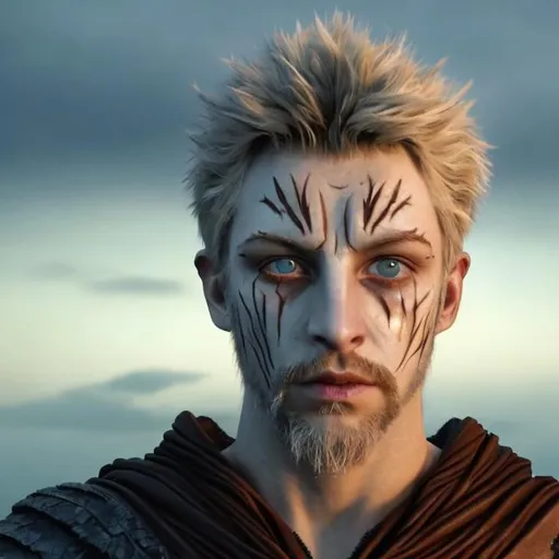 Prompt: a man of 20 years old. Gray-blue eyes, goatee beard and healed scars on his face from tiger claws. short blond hair that reaches to the eyebrows. He is dressed in a leather cloak covered with foliage. Clouds are visible behind the head and the red moon surrounds the head like a halo.