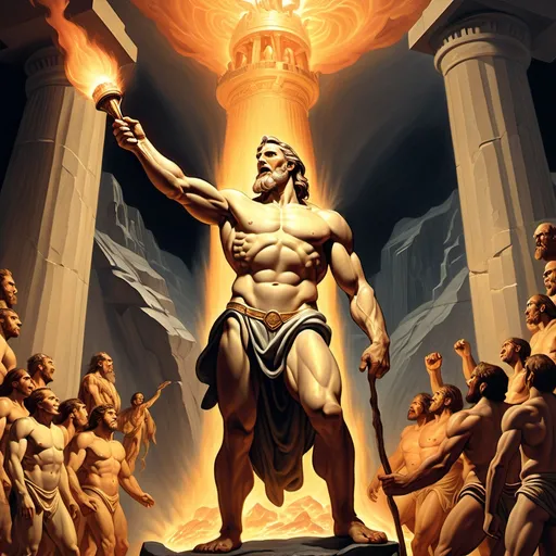 Prompt: A dramatic scene depicting Prometheus stealing fire from Mount Olympus to give to humanity. In the foreground, Prometheus stands tall, holding a blazing torch. Behind him, primitive humans emerge from darkness into light, their eyes wide with wonder. The background shows a contrast between the cold, dark Stone Age and the warm, illuminated future of human civilization. Prometheus' face reflects determination and compassion, while angry gods loom in the clouds above.