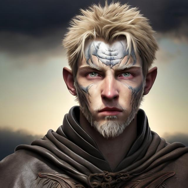 Prompt: a man of 20 years old. Gray-blue eyes, goatee beard and healed scars on his face from tiger claws. short blond hair that reaches to the eyebrows. He is dressed in a leather cloak covered with foliage. Clouds are visible behind the head and the red moon surrounds the head like a halo.