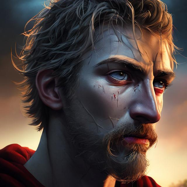 Prompt: Realistic portrayal of a 20-year-old man with gray-blue eyes, goatee beard, and healed scars on his face, short blond hair reaching the eyebrows, leather cloak covered with foliage, red moon halo, clouds in background, high quality, realism, detailed facial features, natural lighting, earthy tones, dramatic atmosphere