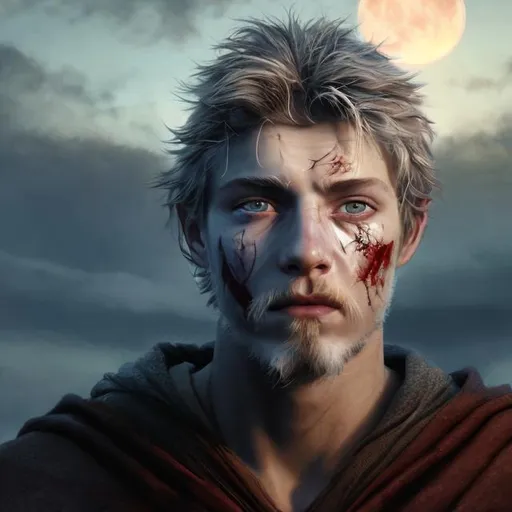Prompt: Realistic portrayal of a 20-year-old man with gray-blue eyes, goatee beard, and healed scars on his face, short blond hair reaching the eyebrows, leather cloak covered with foliage, red moon halo, clouds in background, high quality, realism, detailed facial features, natural lighting, earthy tones, dramatic atmosphere