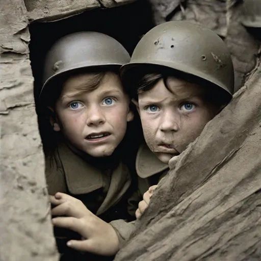 Prompt: WW II history, two kids hiding, feared faces.