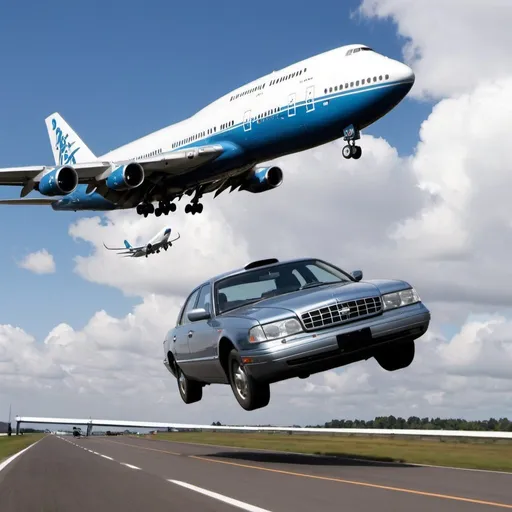 Prompt: A car flying in sky beside Boeing 747