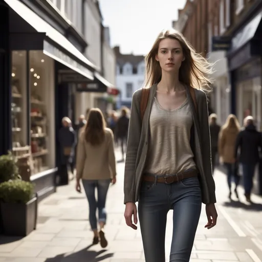 Prompt: Tall young woman walking down the high street, detailed clothing, realistic, natural lighting