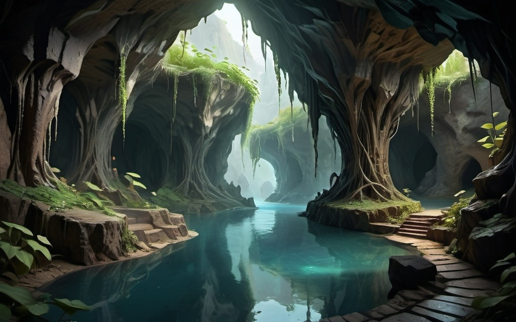 Prompt: Cavern with a water pool in the distance, high cave ceiling with vines hang in the distance , Daryush Shokof, fantasy art, moody atmosphere evoking a sense of mystery, ultra-detailed, HD quality, tumultuous natural beauty.