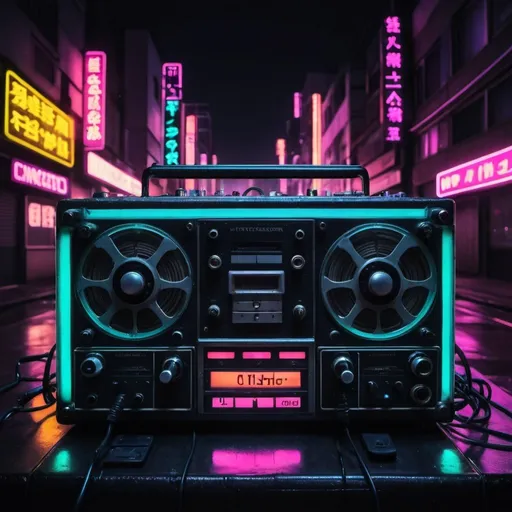 Prompt: Oldschool taperecorder Cyberpunkstyle nighttime with neon