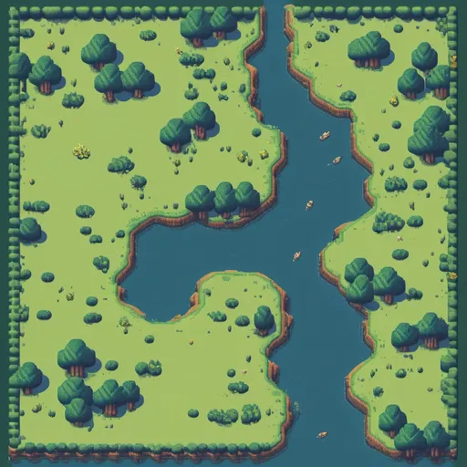 Prompt: A top-down view of 2 rivers that meet surrounded by grasses plains. In pixel art