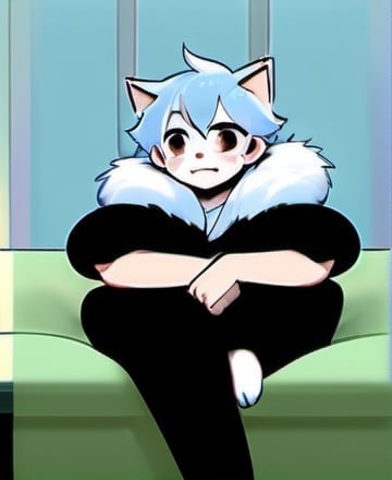 Prompt: Light blue catboy sitting on a couch, cute, flustered, relaxed, digital illustration, cozy atmosphere, soft pastel colors, detailed fur, anime-style, warm lighting, high quality, digital illustration, catboy, pastel tones, cozy, detailed fur, cute expression, relaxed pose, flustered, warm lighting