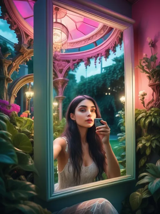 Prompt: (photorealistic image) woman taking a selfie in mirror, man in background, lush garden area, (vibrant neon lighting), (Andrea Orcagna style), intricate details, dreamy atmosphere, (gothic ambiance), rich colors, ultra-detailed composition, serene nature setting, emotional depth, capturing the whimsical blend of reality and reflection, high quality, enchanting lighting contrast.