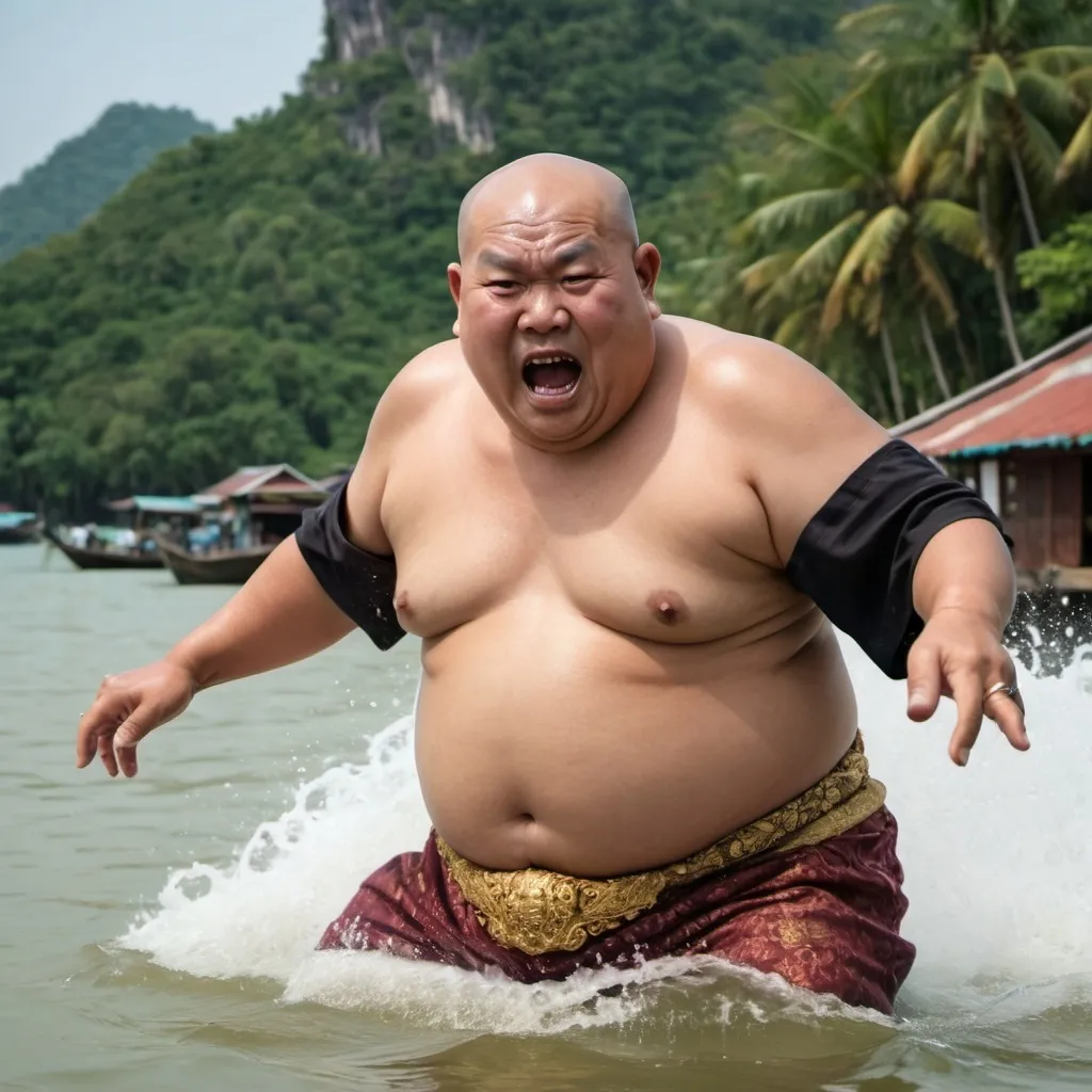 Prompt: Old fat Thai guy looking rich with bald hair jumping into the water with angry face and have a king boat on water

