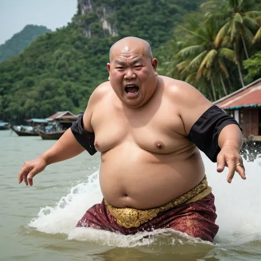 Prompt: Old fat Thai guy looking rich with bald hair jumping into the water with angry face and have a king boat on water

