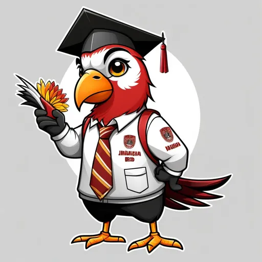 Prompt: Give me an idea of a school themed bird mascot with an Indonesian fashion style