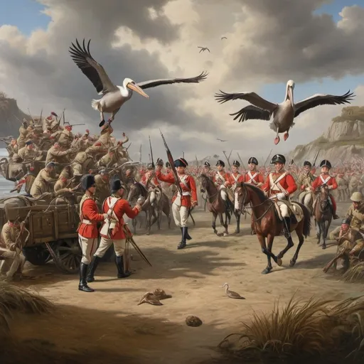 Prompt: Battle oil painting of British Royal Army being scooped up by  the beak of a giant pelican, oil painting, detailed soldiers and pelican, realistic, historical, war scene, majestic pelican, intense action, grand scale, capturing moment, traditional art style, epic