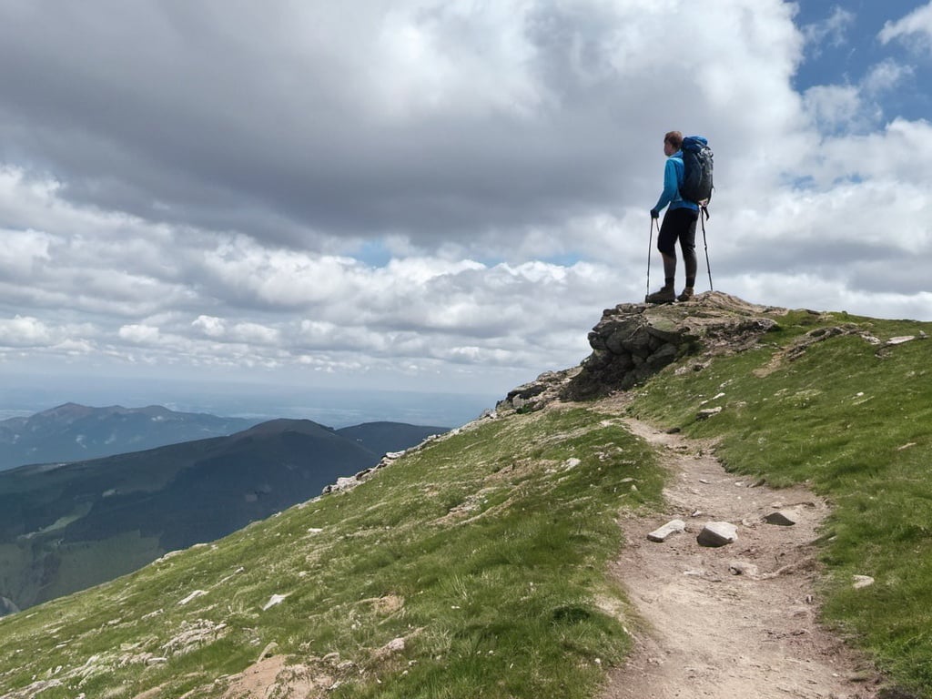 Prompt: walker at the top of a mountain in the spring