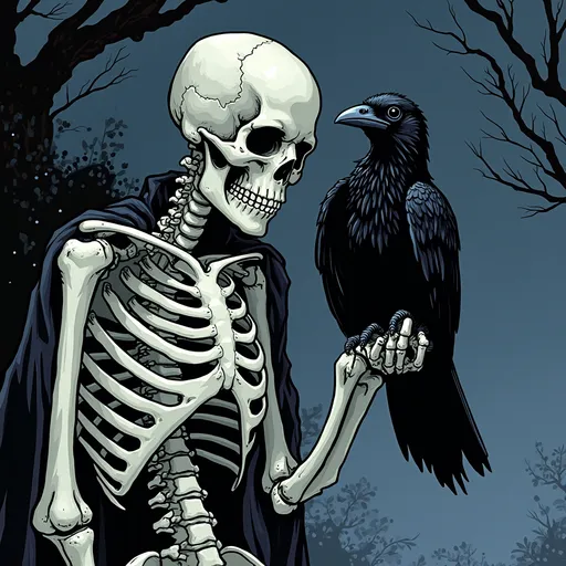 Prompt: A skeleton and a raven are ghost hunting partners size appropiate comic book feel easily printable

