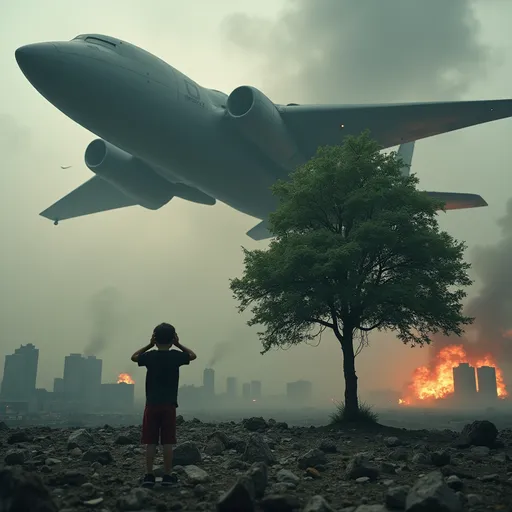 Prompt: A sleek, massive, futuristic black warplane—unlike any existing aircraft—flies over a post-apocalyptic city, turning to the left as it conducts an airstrike. The skyline is filled with ruined skyscrapers, smoke, and fog. Amid the devastation, a single large green tree still stands. Beneath it, a young boy, eyes closed and hands over his head, cowers in fear and cries.Show the bombs and fire.Also the boy is iraninan