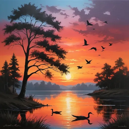 Prompt: Capture the breathtaking beauty of a sunset over a serene lake, with vibrant hues painting the sky and reflecting off the calm waters. Silhouettes of trees and birds add depth to the scene, evoking a sense of tranquility and wonder in the viewer's mind.