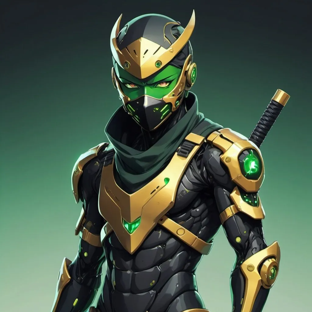 Anime cyber ninja with green, black and gold colors